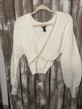 Forever 21 White Cable-Knit Wrap Sweater - Low Cut